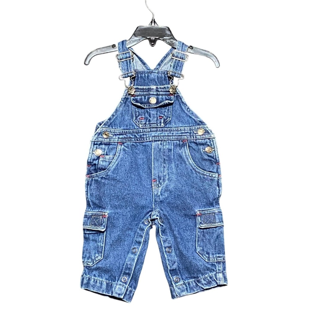 Vintage Cherokee Baby Denim Cargo Overalls Blue 3-6 Months Red Stitching Utility
